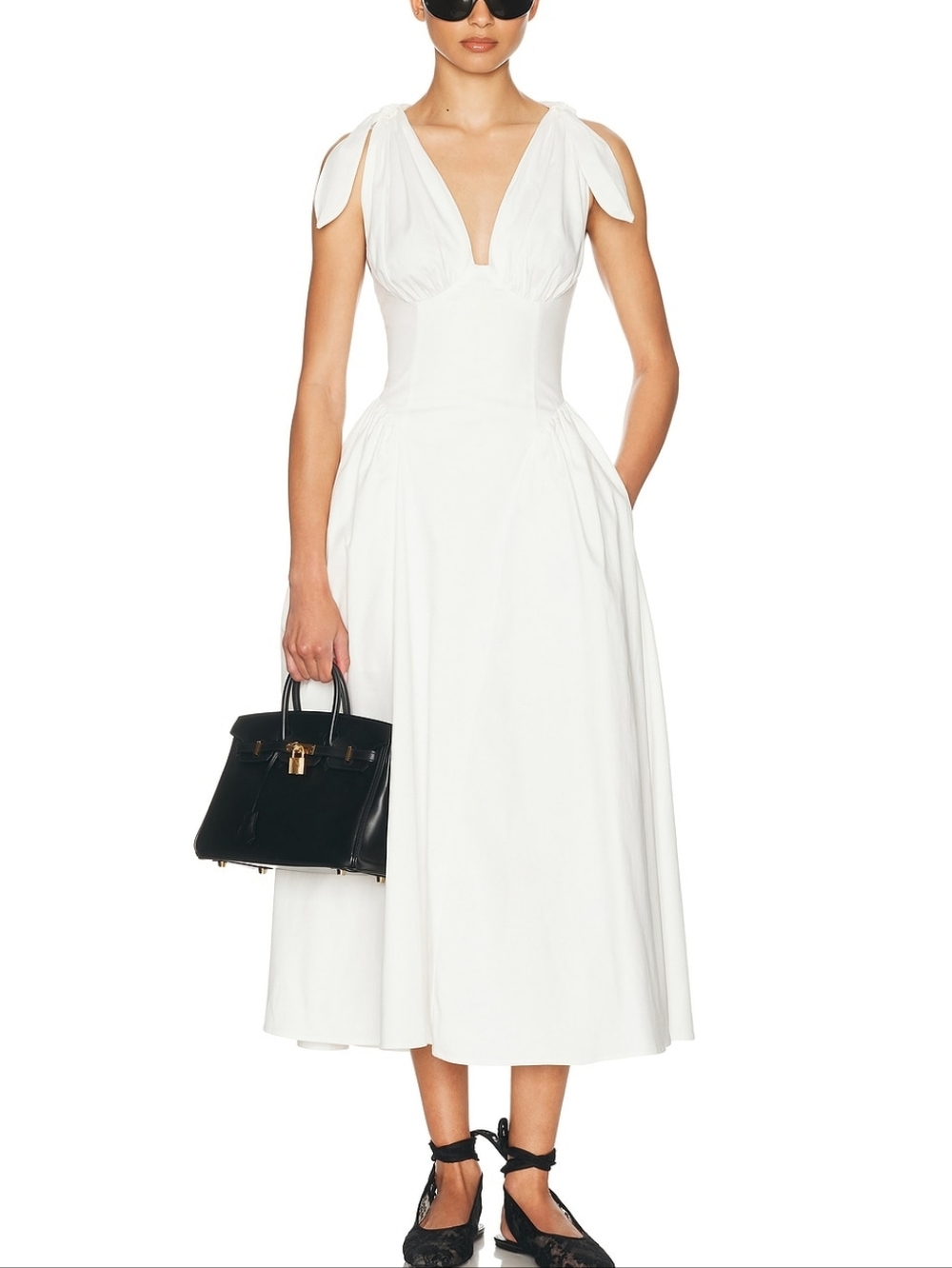 Helsa Fairweather Midi Dress in Stretch Cotton Sateen in White